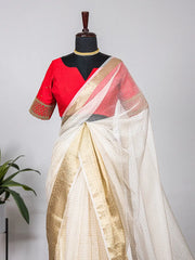 White Color Weaving Zari Work Organza Chex saree - Colorful Saree