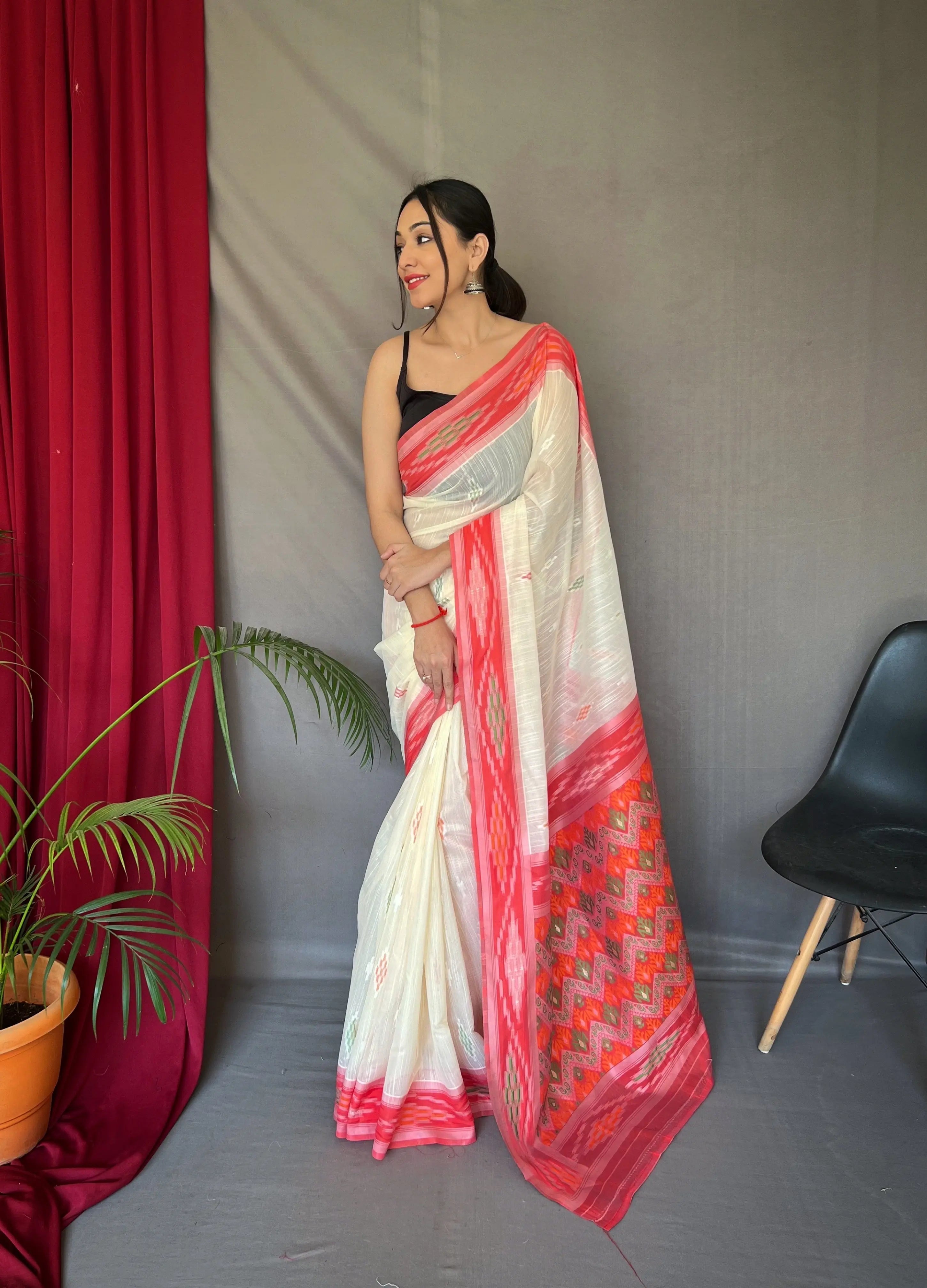 White Cotton Ikat Woven Saree - Colorful Saree