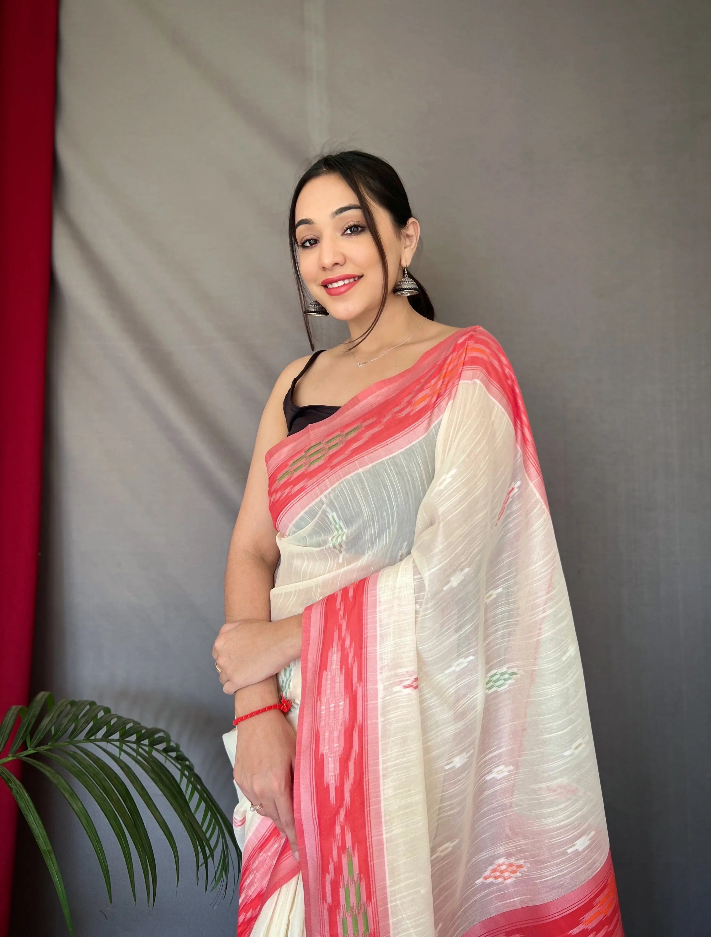 White Cotton Ikat Woven Saree - Colorful Saree