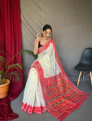 White Cotton Ikat Woven Saree - Colorful Saree