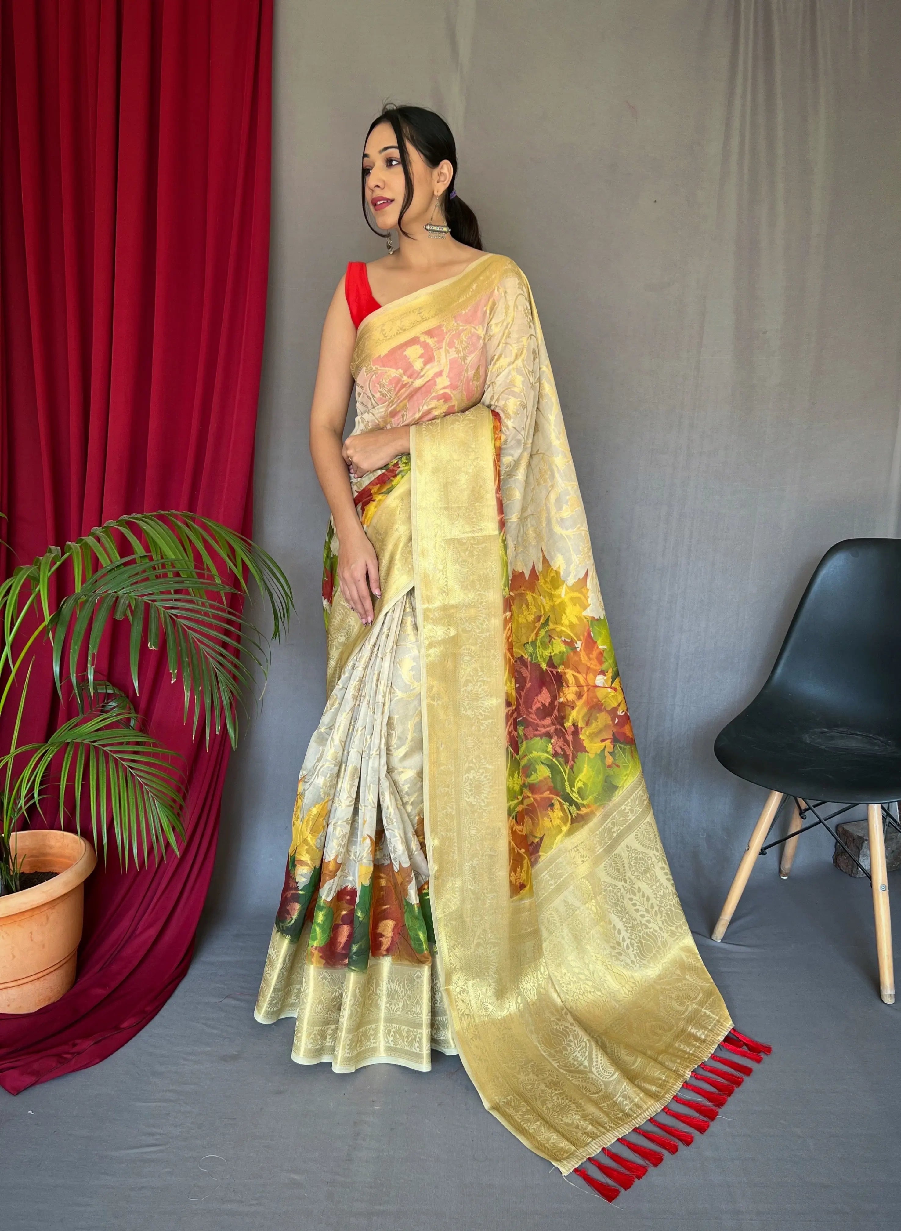 White Maple Anokhi Kora Muslin Silk Floral Printed Jaal Woven Saree - Colorful Saree