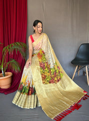White Maple Anokhi Kora Muslin Silk Floral Printed Jaal Woven Saree - Colorful Saree