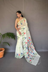 White Shalini Cotton Jamdani Woven Saree - Colorful Saree