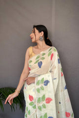 White Shalini Cotton Jamdani Woven Saree - Colorful Saree