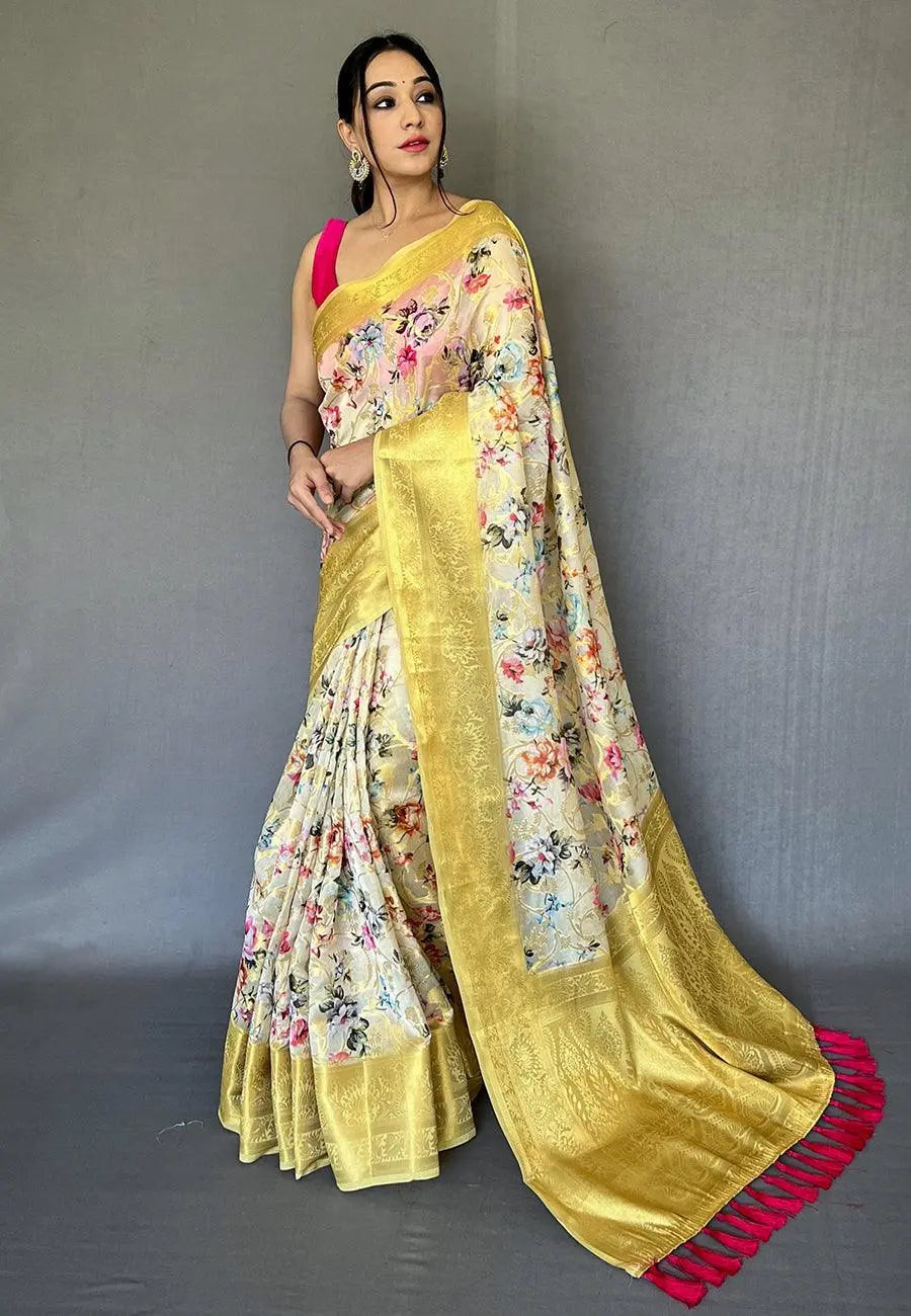 White Yellow Banarasi Kora Organza Anokhi Digital Vol. 3 Printed Woven Saree - Colorful Saree