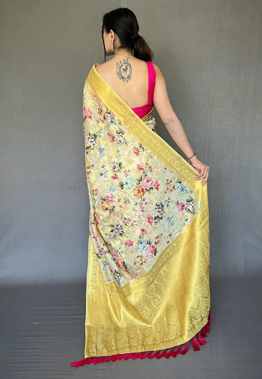 White Yellow Banarasi Kora Organza Anokhi Digital Vol. 3 Printed Woven Saree - Colorful Saree