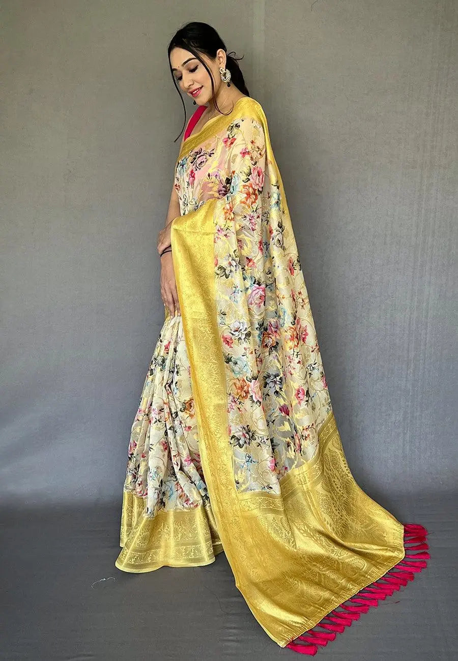 White Yellow Banarasi Kora Organza Anokhi Digital Vol. 3 Printed Woven Saree - Colorful Saree