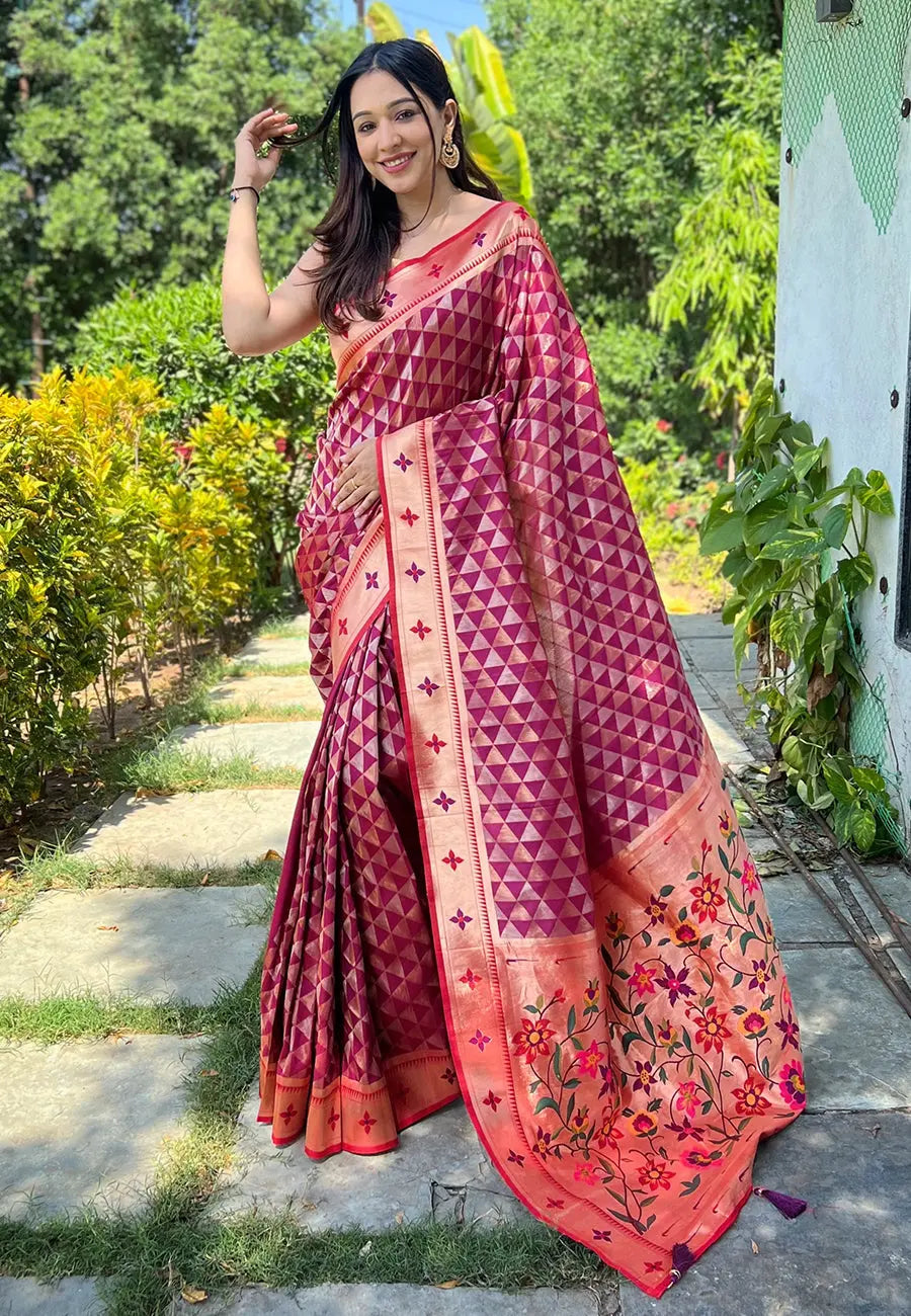 Wine Banarasi Paithani Silk Woven Saree - Colorful Saree