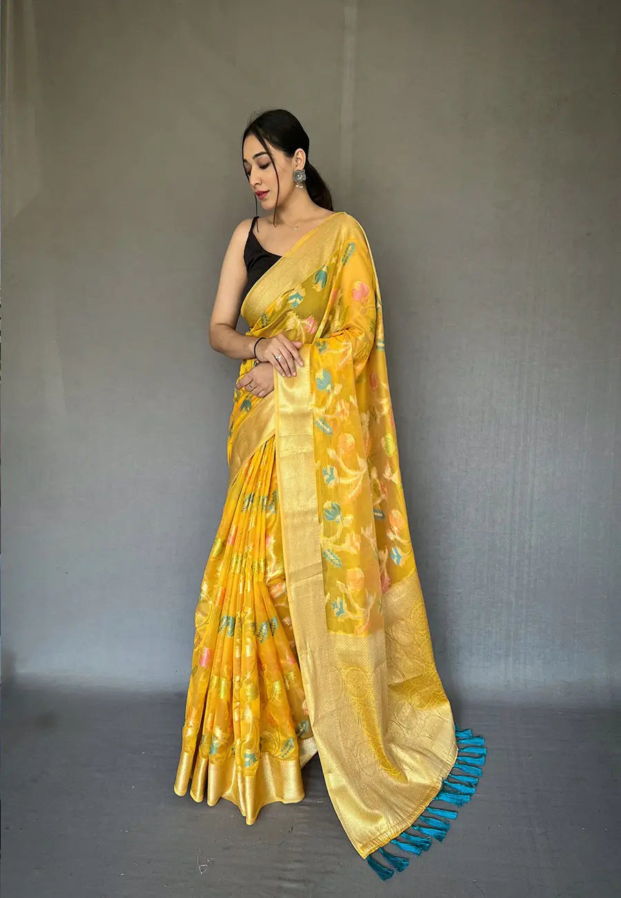 Yellow Barfi Organza Silk Woven Saree - Colorful Saree