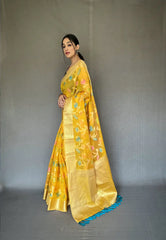 Yellow Barfi Organza Silk Woven Saree - Colorful Saree