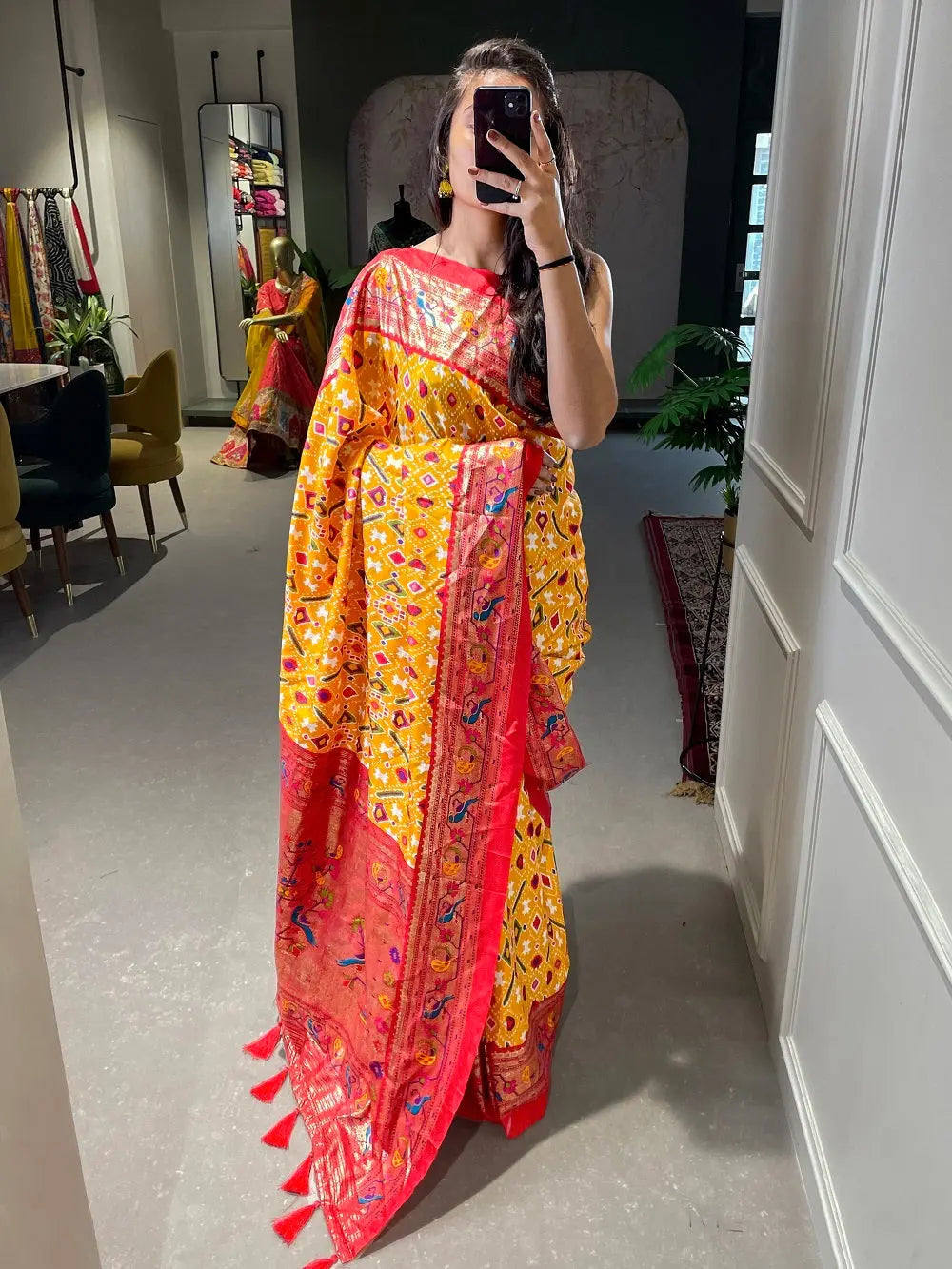 Yellow Color Patola Paithani Printed with Foil Work Dola Silk Saree - Colorful Saree