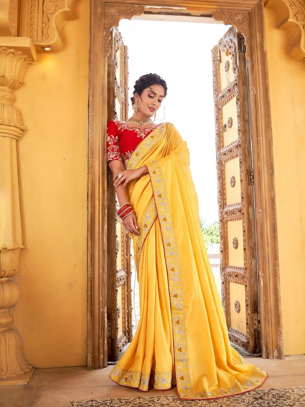 Yellow Color Vichitra Silk Saree - Colorful Saree