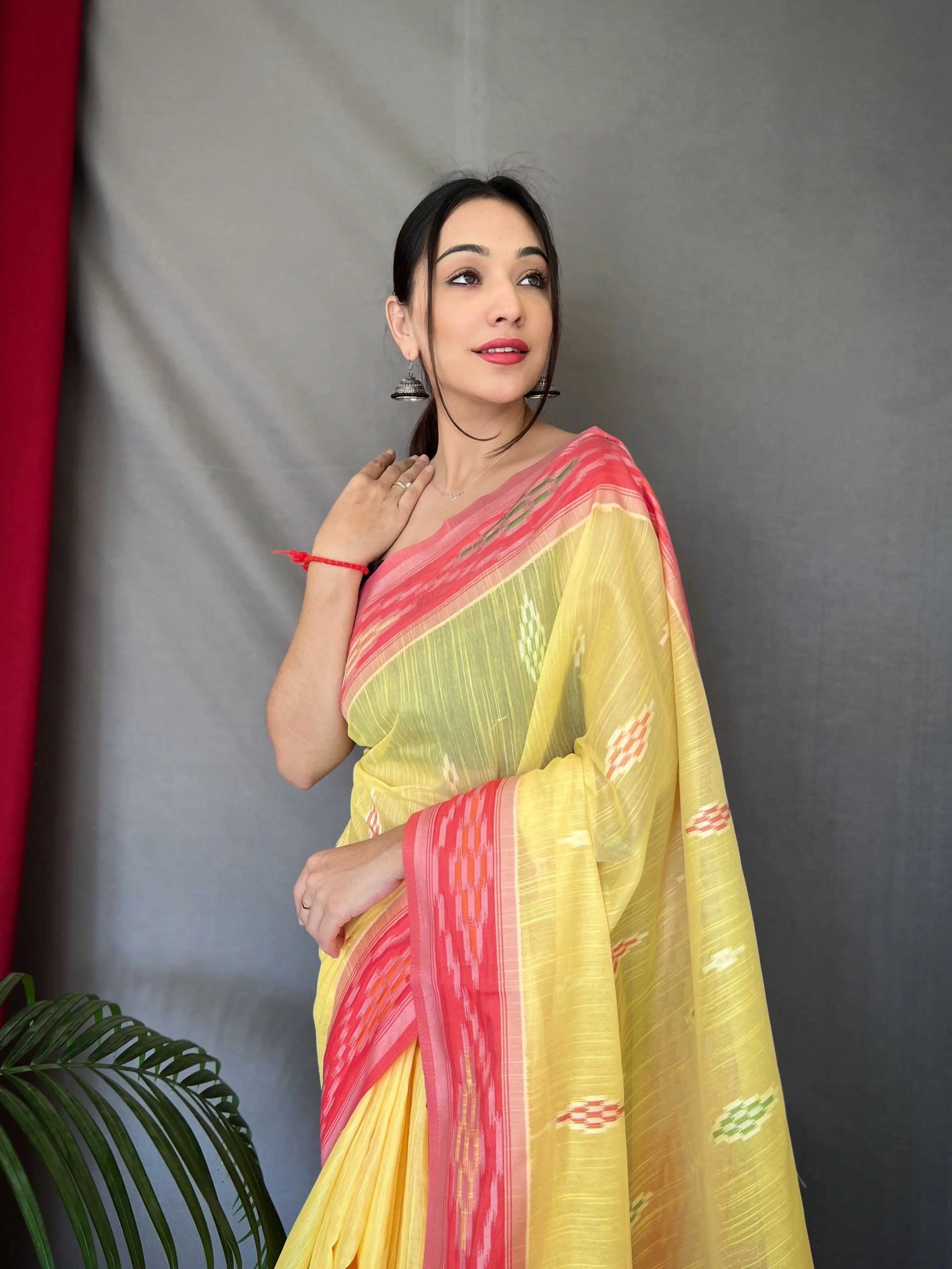 Yellow Cotton Ikat Woven Saree - Colorful Saree