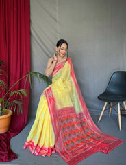 Yellow Cotton Ikat Woven Saree - Colorful Saree