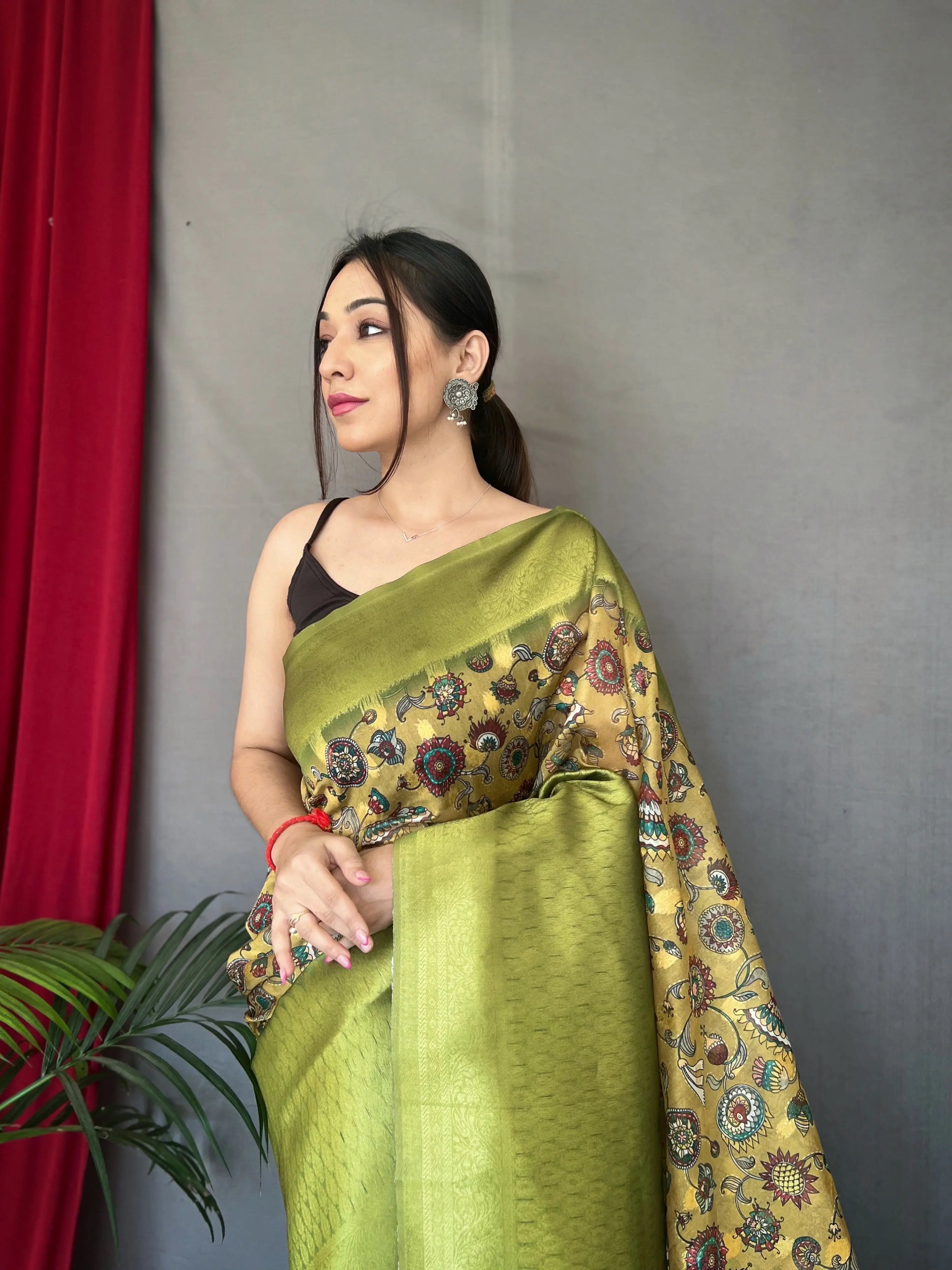 Yellow Green Kora Muslin Kalamkari Silk Woven Saree - Colorful Saree