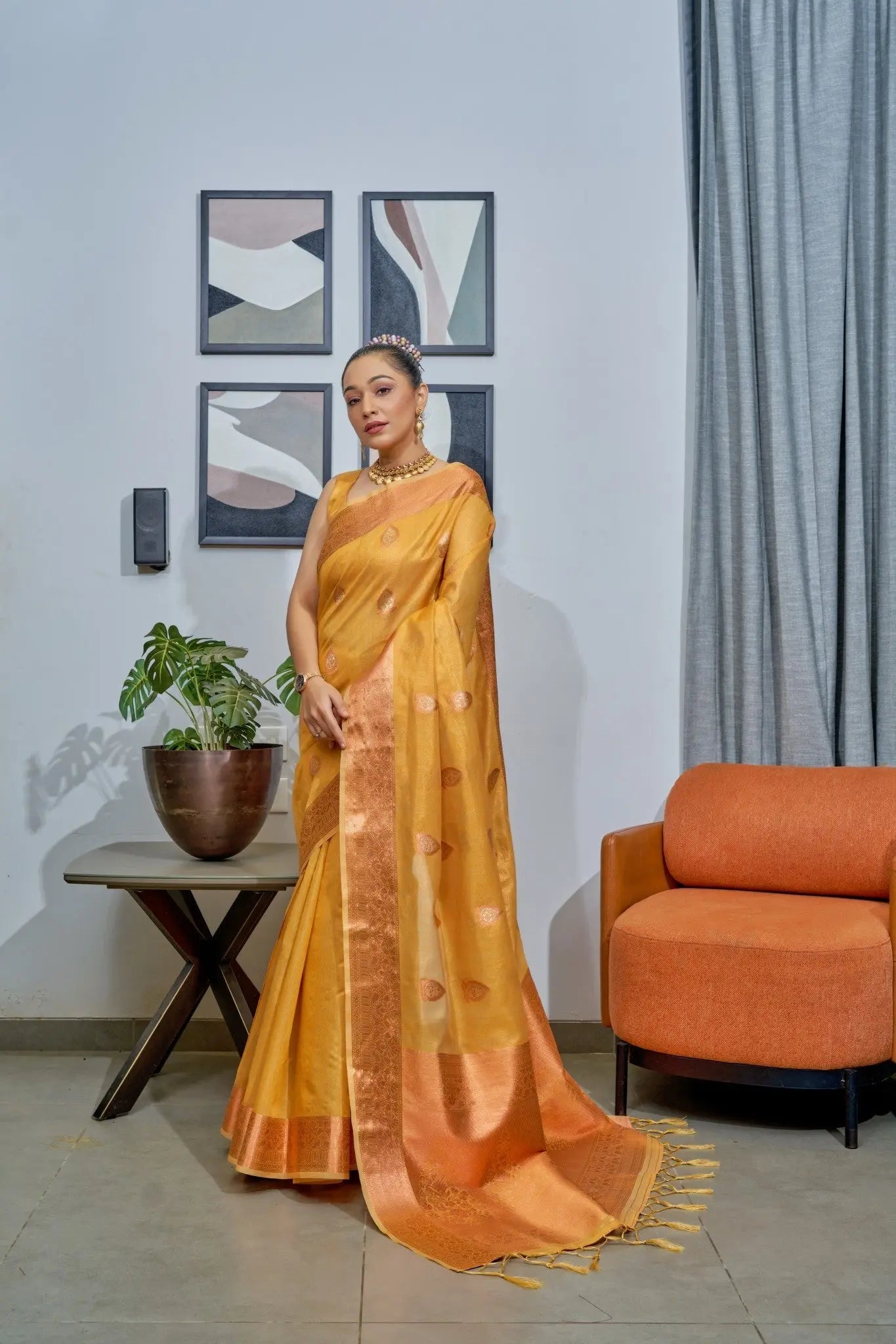 Yellow Lakshmi Organza Tissue Silk Woven Saree - Colorful Saree