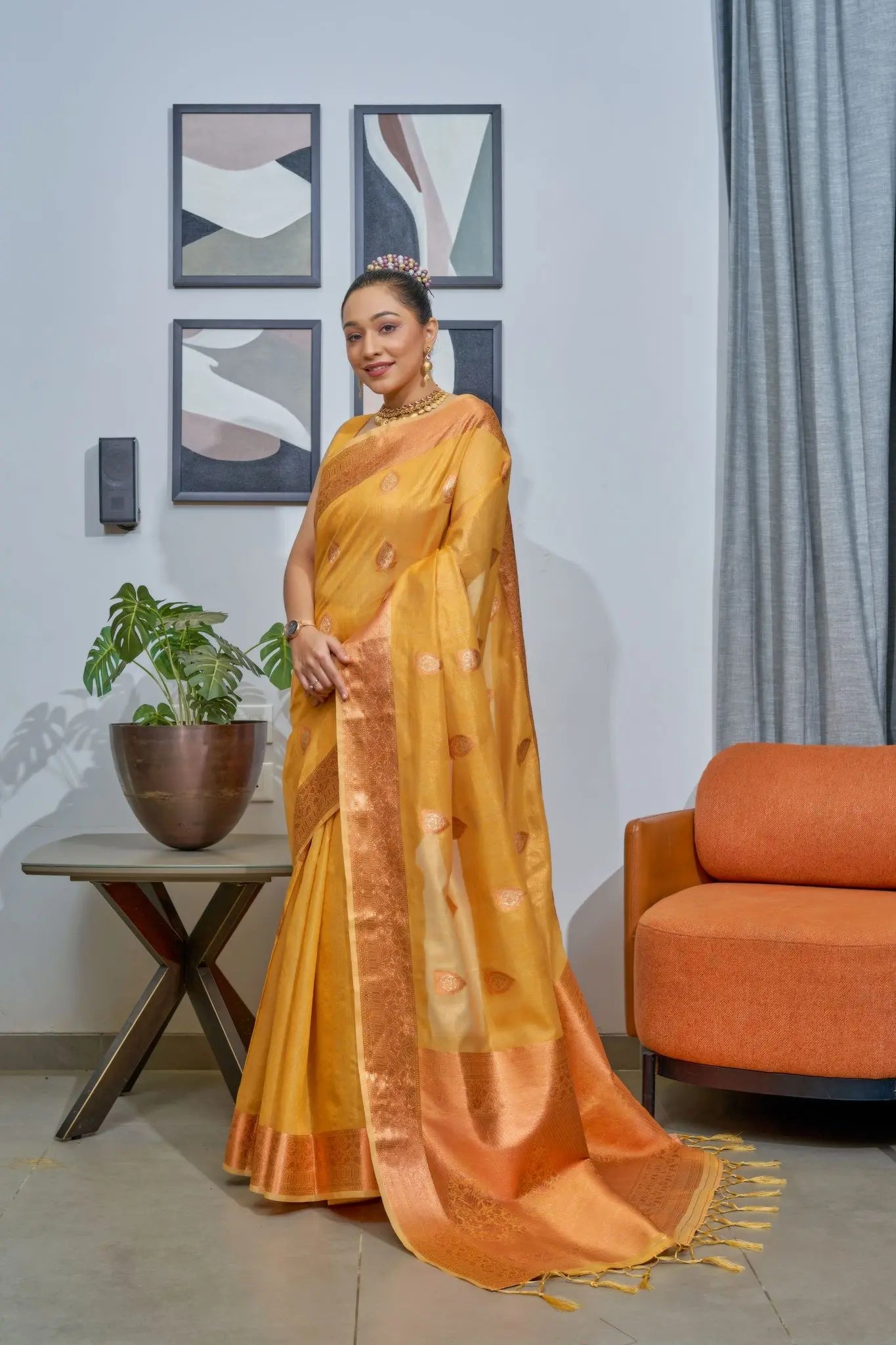 Yellow Lakshmi Organza Tissue Silk Woven Saree - Colorful Saree