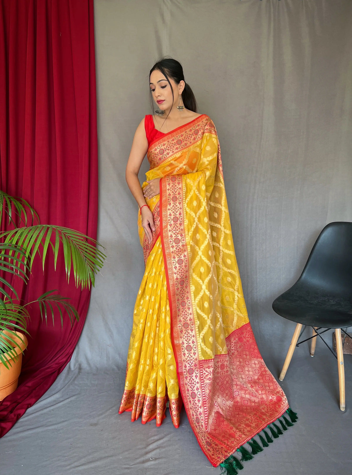 Yellow Saree in Banarasi Woven Organza Silk - Colorful Saree