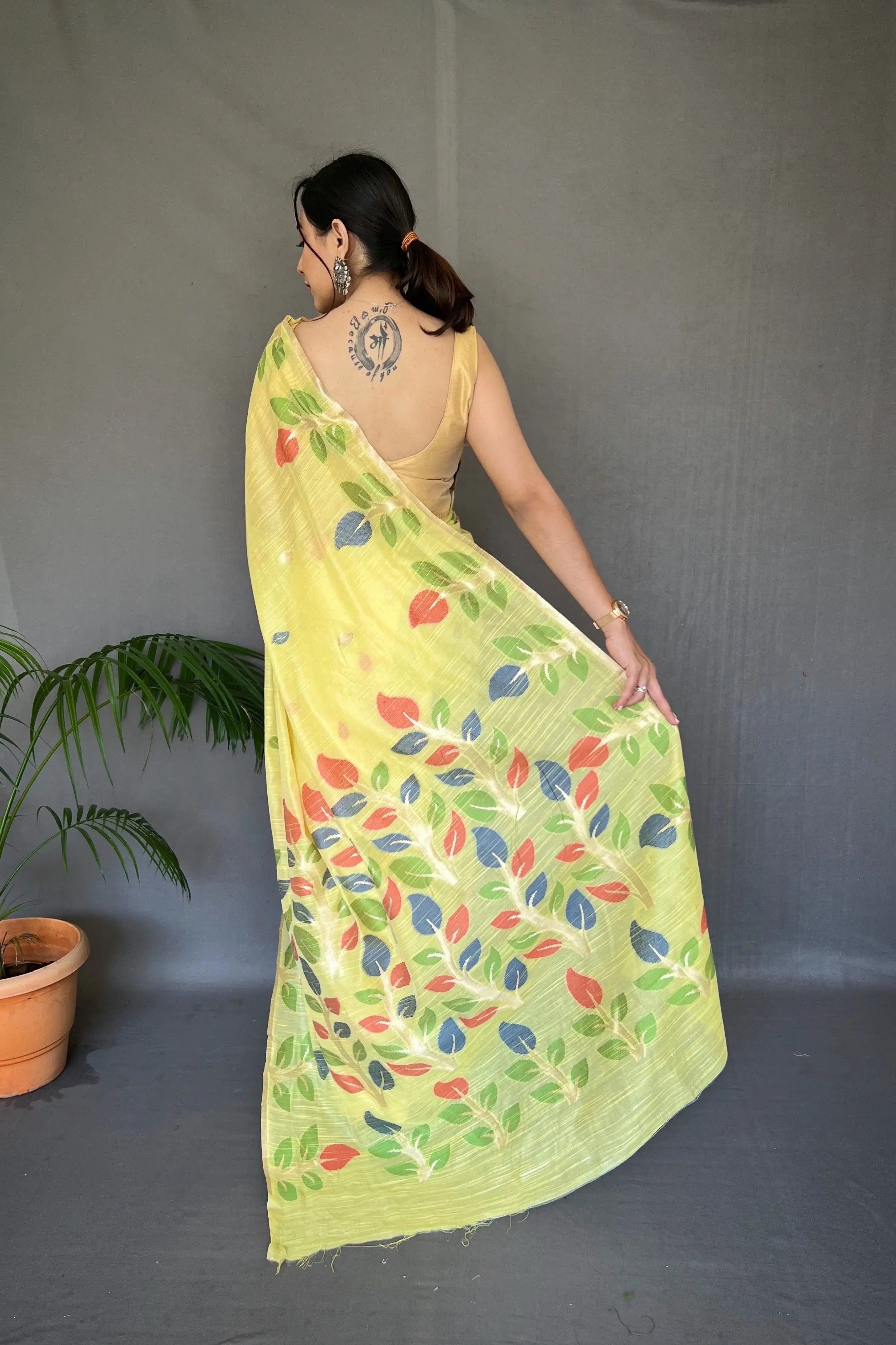 Yellow Shalini Cotton Jamdani Woven Saree - Colorful Saree