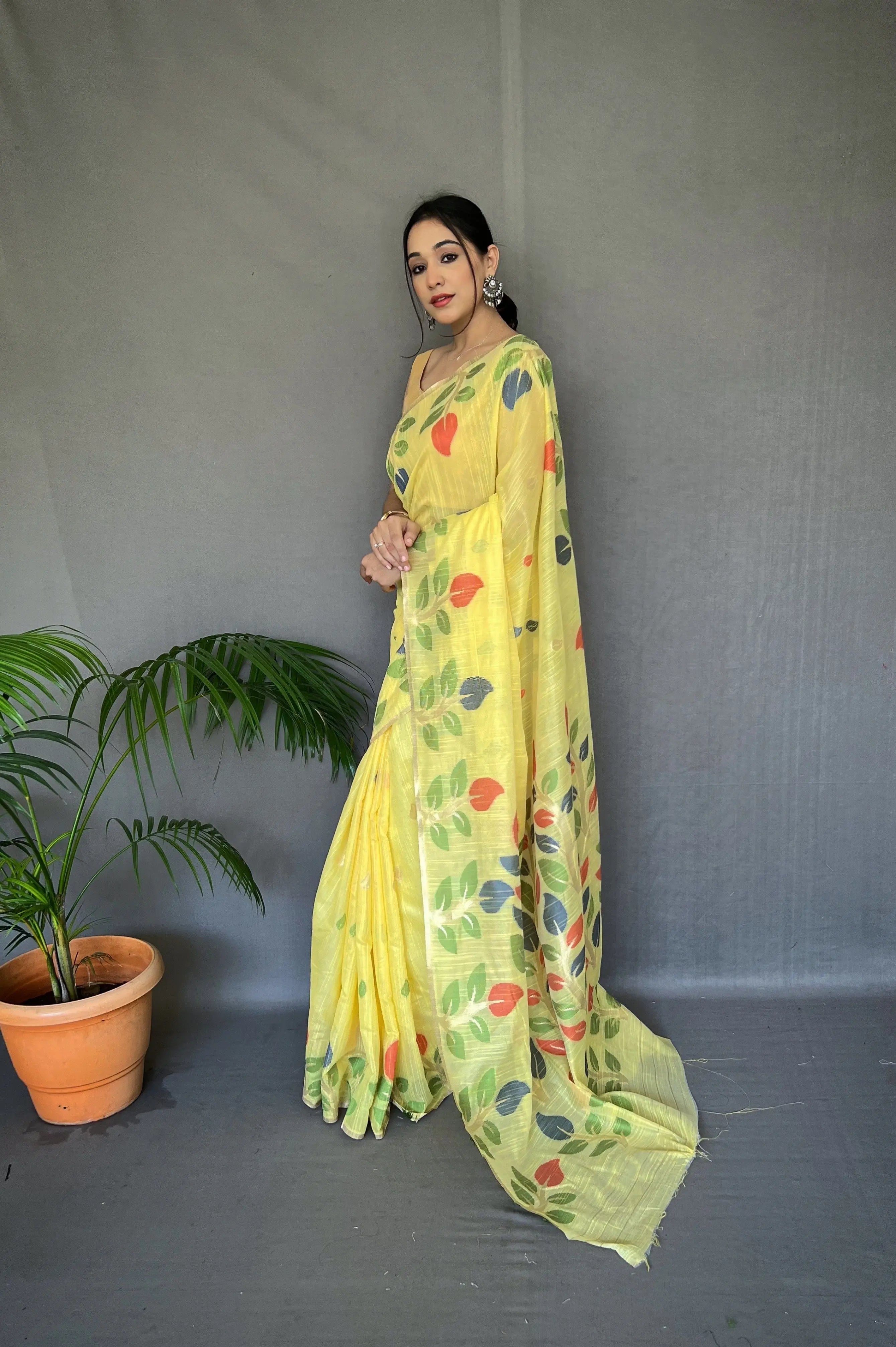 Yellow Shalini Cotton Jamdani Woven Saree - Colorful Saree