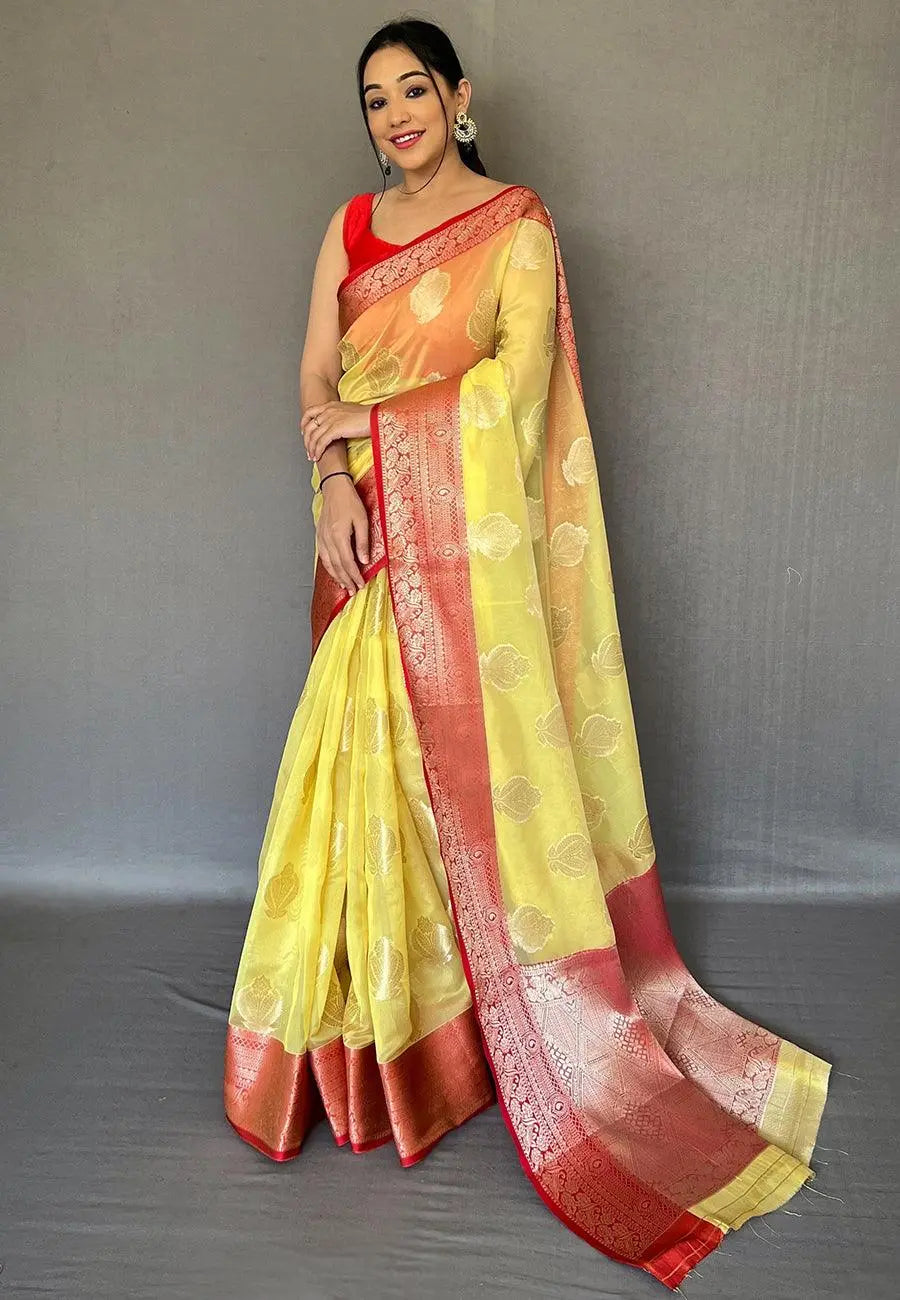 Yellow Tejaswi Organza Contrast Zari Woven Saree - Colorful Saree