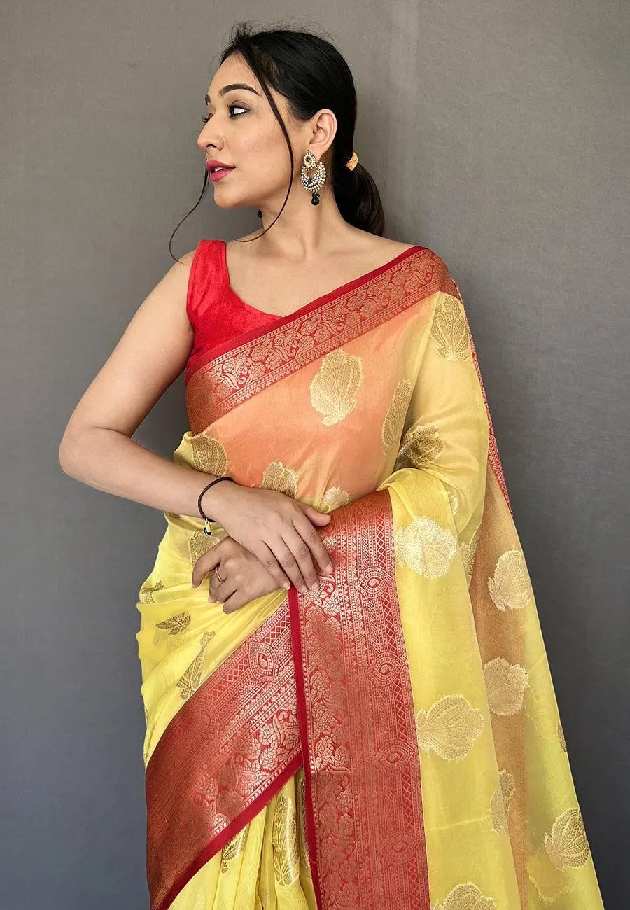 Yellow Tejaswi Organza Contrast Zari Woven Saree - Colorful Saree