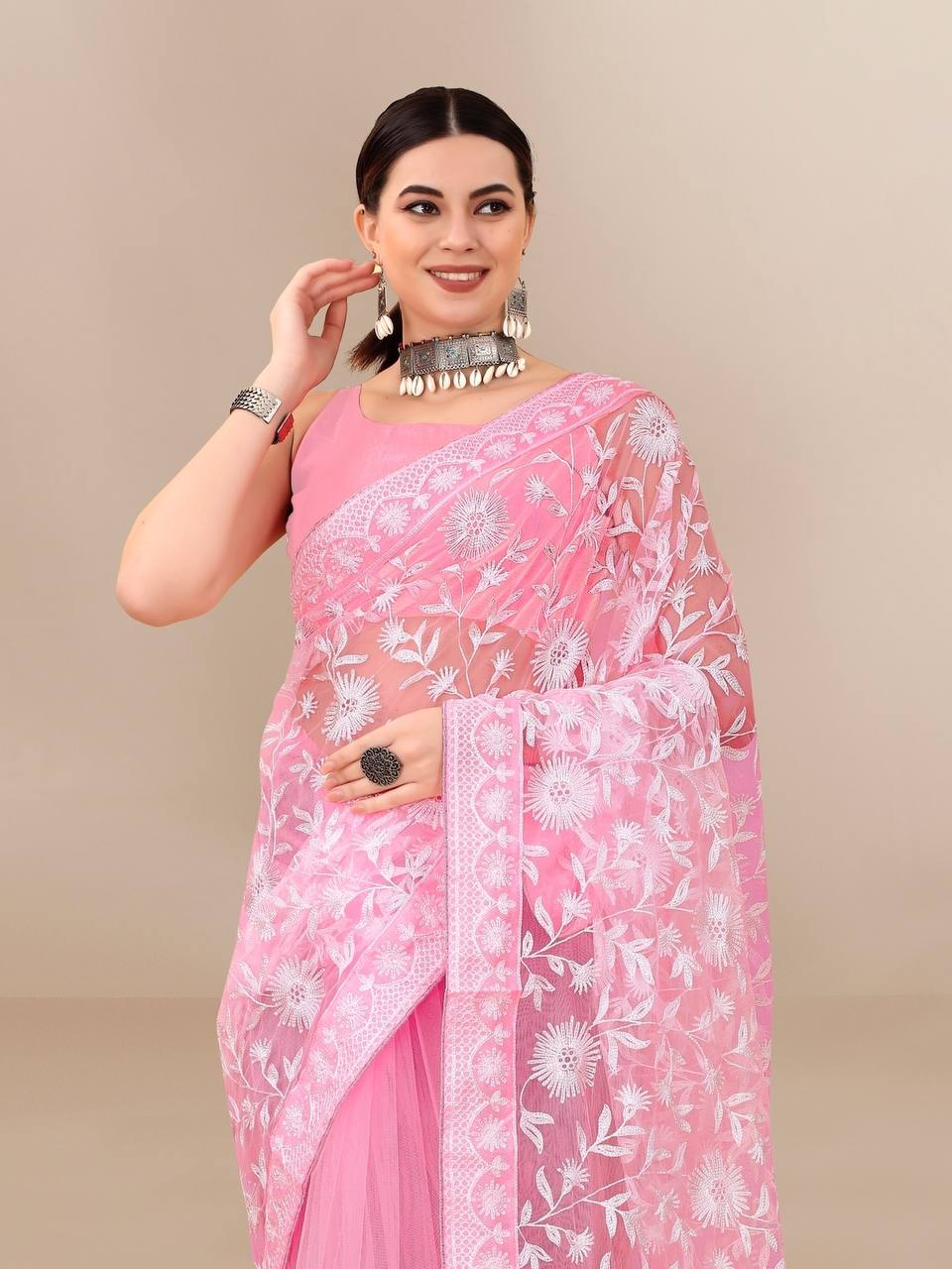 All Over Chikan Kari Soft Net Baby Pink Saree with Banglory Blouse Colorful Saree