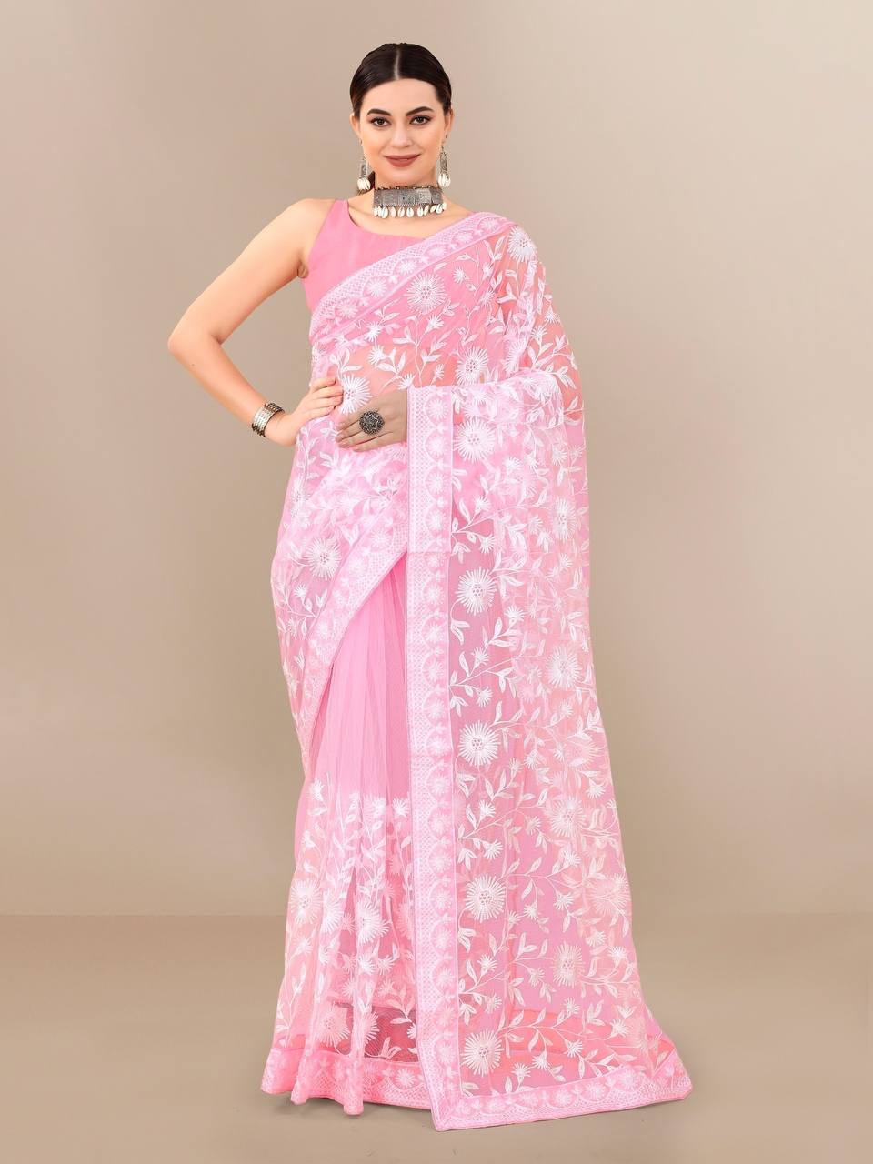 All Over Chikan Kari Soft Net Baby Pink Saree with Banglory Blouse Colorful Saree