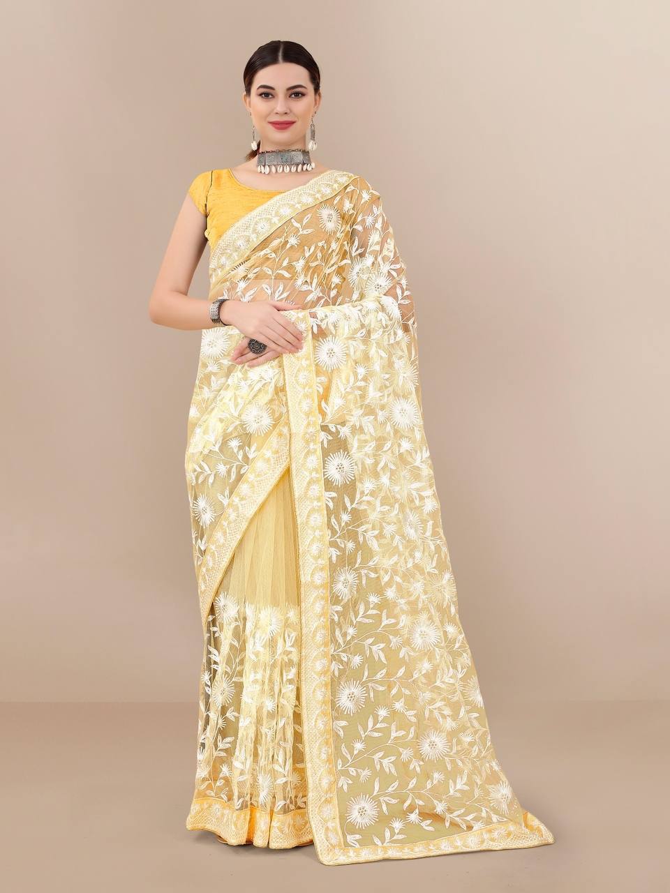 All Over Chikan Kari Soft Net Lemon Yellow Saree with Banglory Blouse Colorful Saree