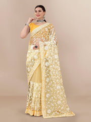 All Over Chikan Kari Soft Net Lemon Yellow Saree with Banglory Blouse Colorful Saree