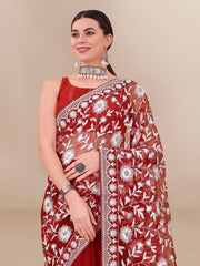 All Over Chikan Kari Soft Net Maroon Saree with Banglory Blouse Colorful Saree