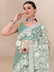 All Over Chikan Kari Soft Net Mint Green Saree with Banglory Blouse Colorful Saree