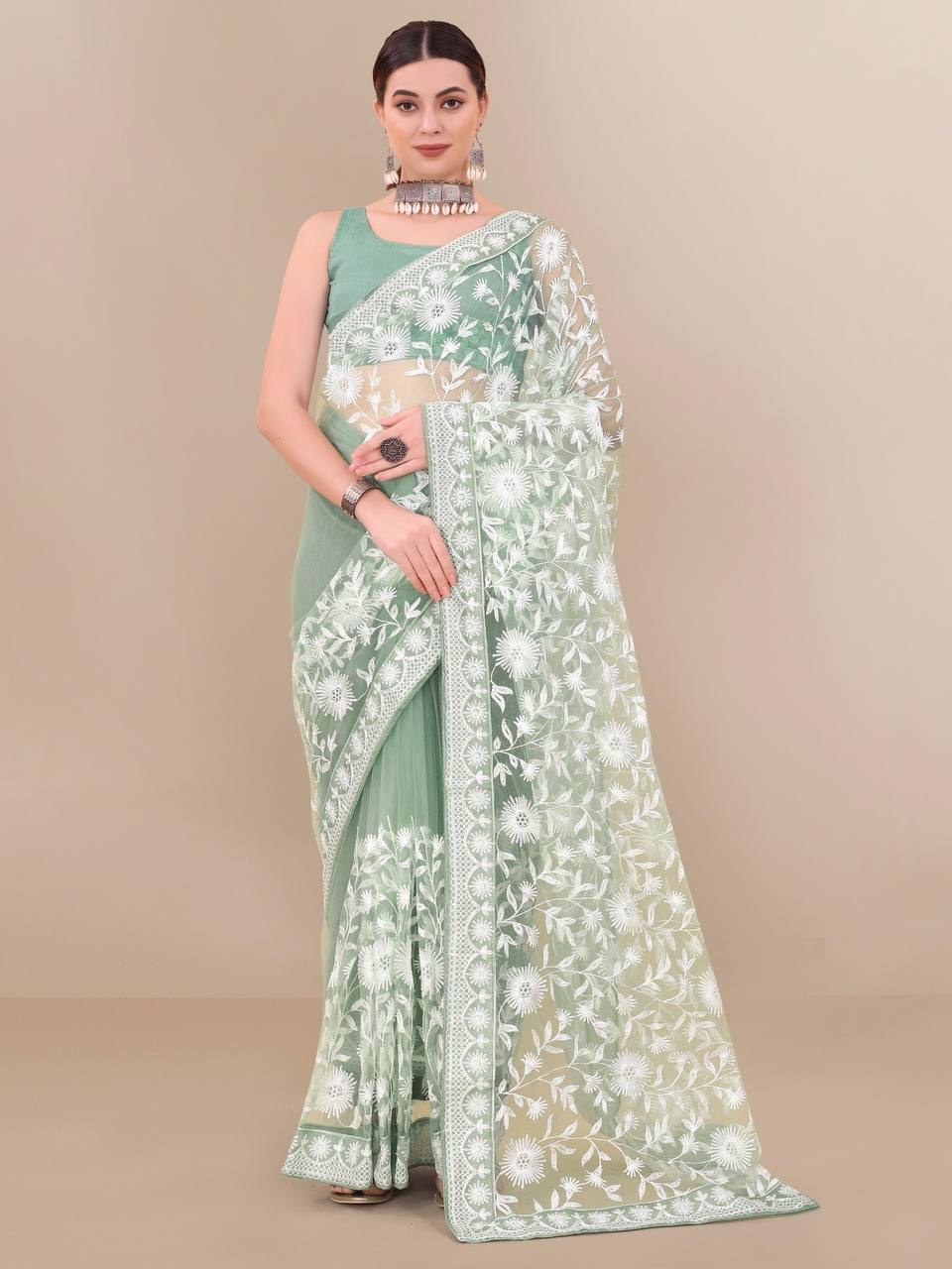 All Over Chikan Kari Soft Net Mint Green Saree with Banglory Blouse Colorful Saree