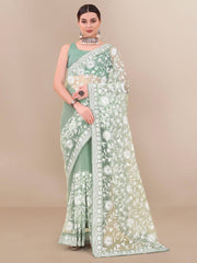 All Over Chikan Kari Soft Net Mint Green Saree with Banglory Blouse Colorful Saree