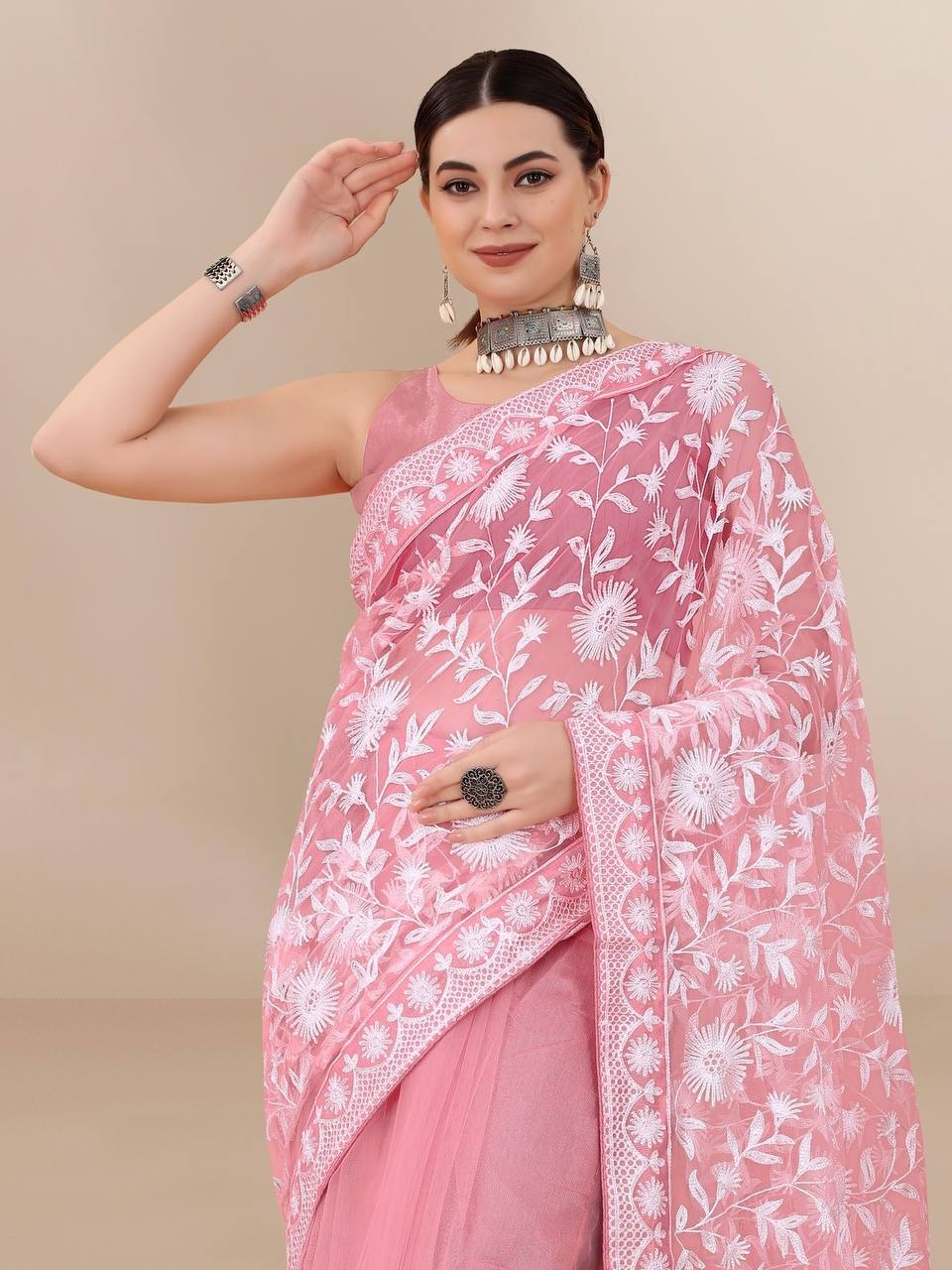 All Over Chikan Kari Soft Net Peach Saree with Banglory Blouse Colorful Saree