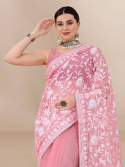 All Over Chikan Kari Soft Net Peach Saree with Banglory Blouse Colorful Saree