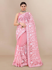 All Over Chikan Kari Soft Net Peach Saree with Banglory Blouse Colorful Saree