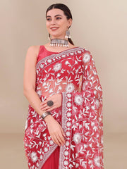 All Over Chikan Kari Soft Net Red Saree with Banglory Blouse Colorful Saree