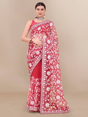 All Over Chikan Kari Soft Net Red Saree with Banglory Blouse Colorful Saree