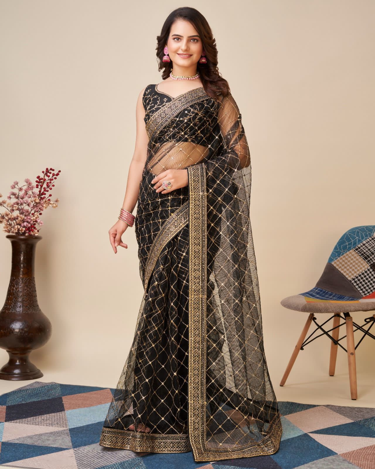 Allover Embroidered Butterfly Net Black Saree with Multi Work Cut Lace Border Colorful Saree