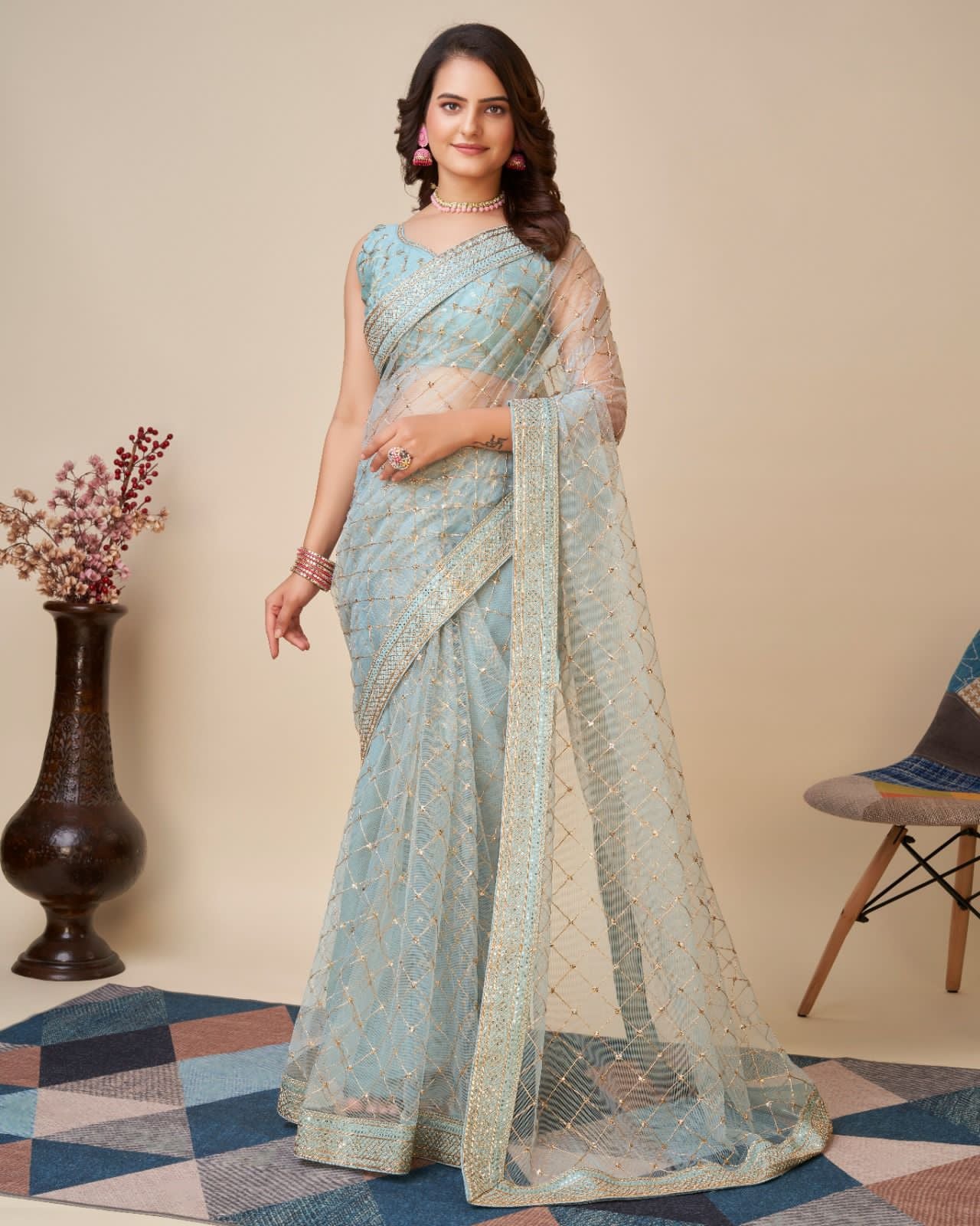 Allover Embroidered Butterfly Net Blue Saree with Multi Work Cut Lace Border Colorful Saree