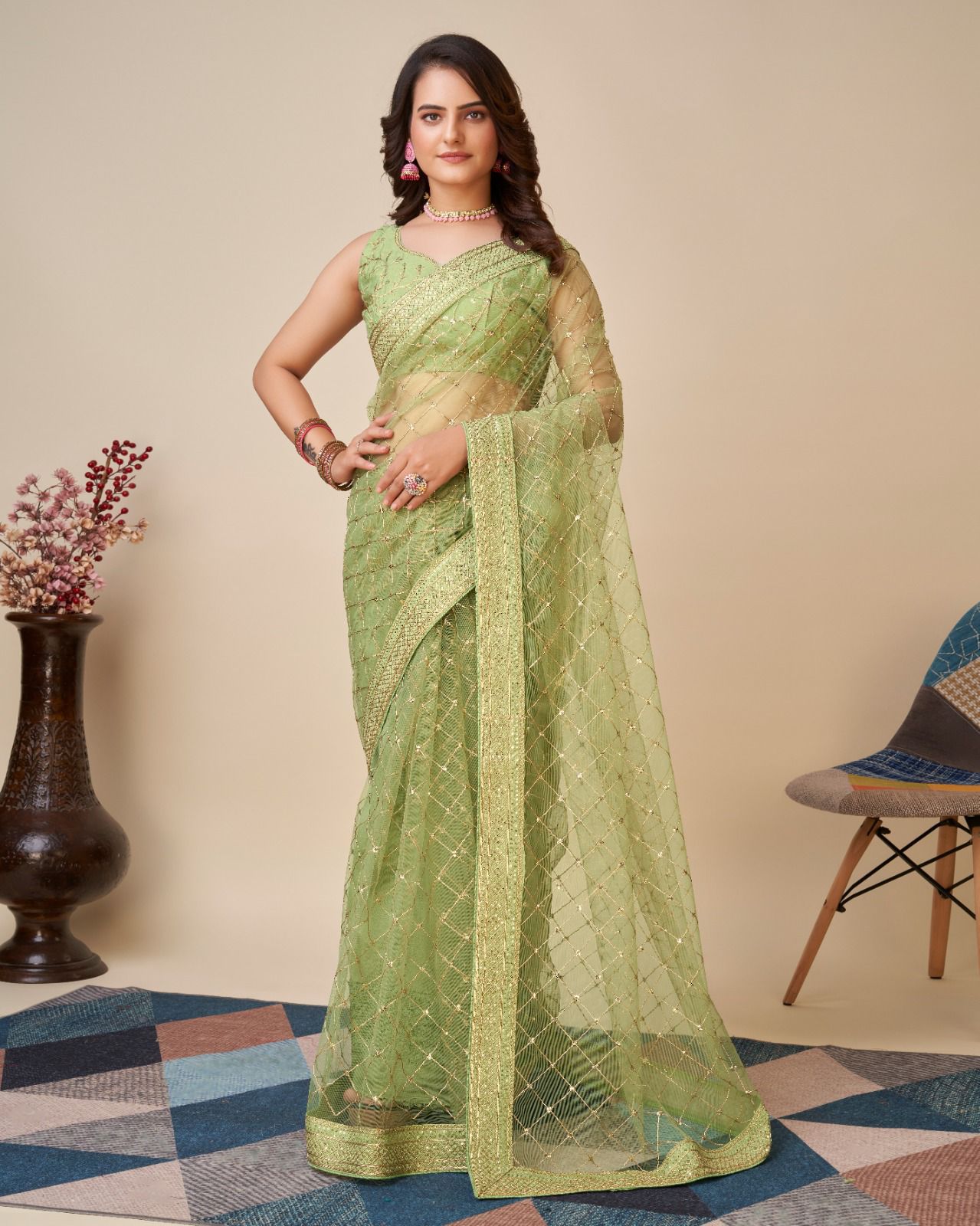 Allover Embroidered Butterfly Net Green Saree with Multi Work Cut Lace Border Colorful Saree