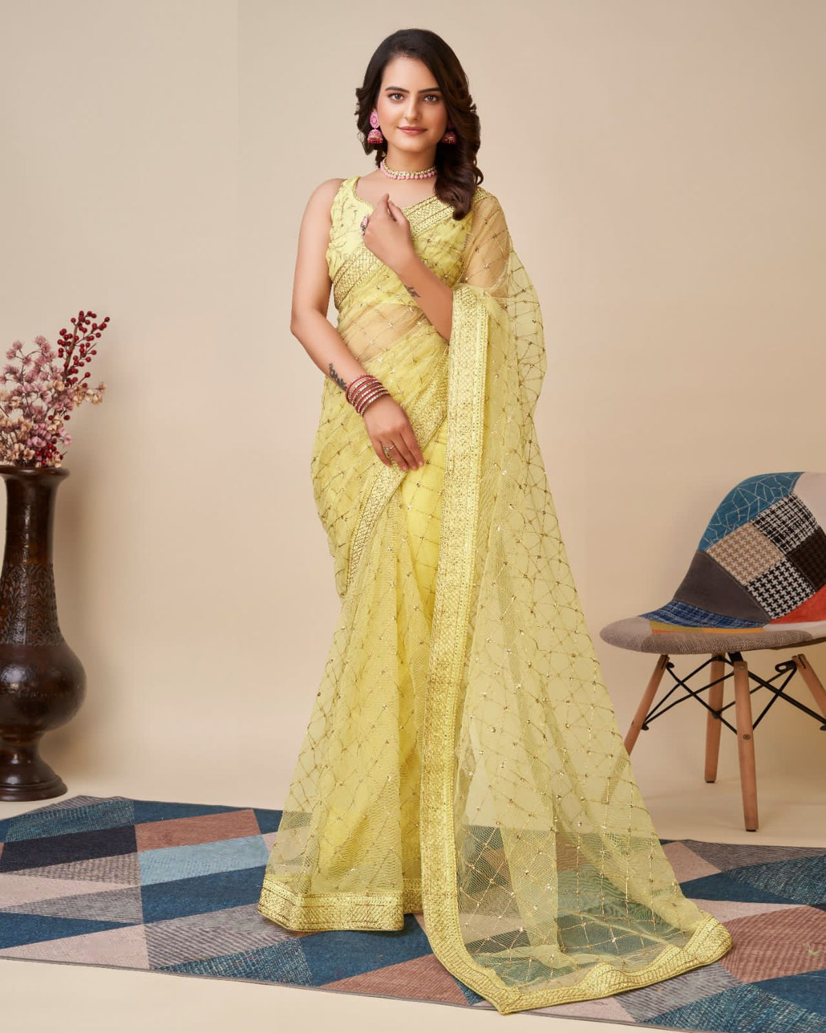 Allover Embroidered Butterfly Net Lemon Yellow Saree with Multi Work Cut Lace Border Colorful Saree