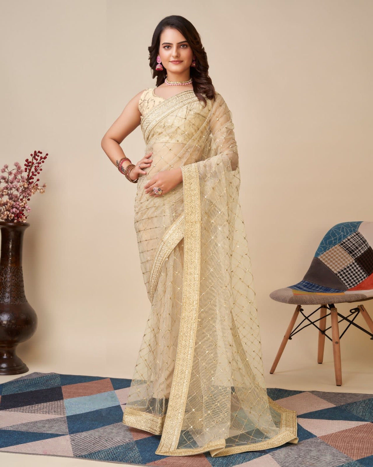 Allover Embroidered Butterfly Net White Saree with Multi Work Cut Lace Border Colorful Saree