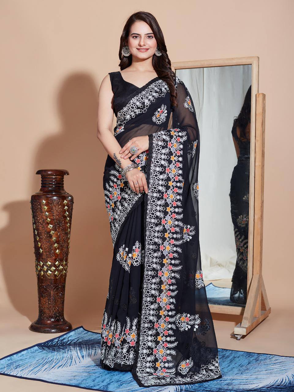 Alluring Embroidered Soft Georgette Black Saree - Colorful Saree