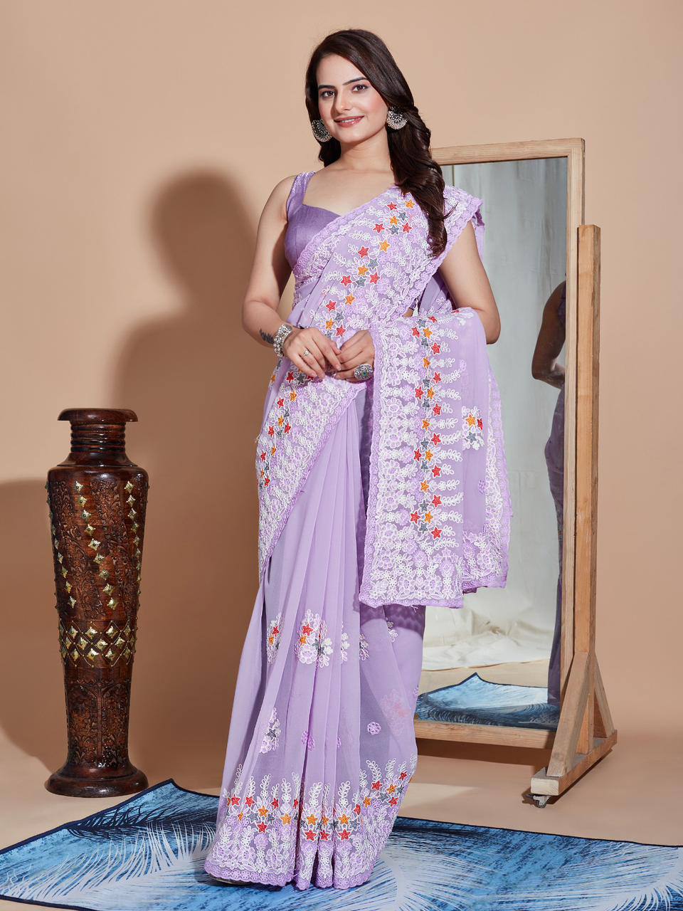 Alluring Embroidered Soft Georgette Lavender Saree - Colorful Saree