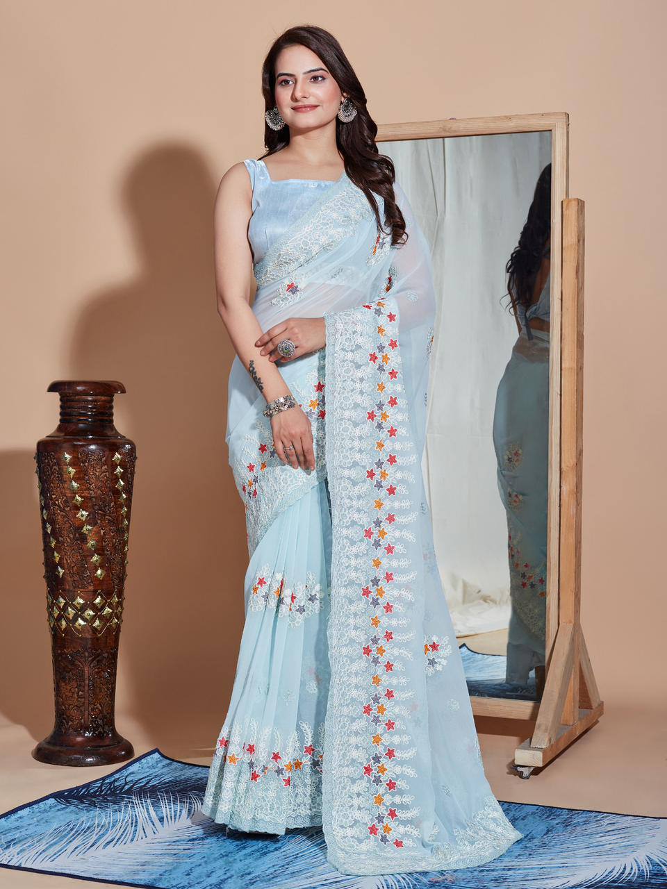 Alluring Embroidered Soft Georgette Sky Blue Saree - Colorful Saree