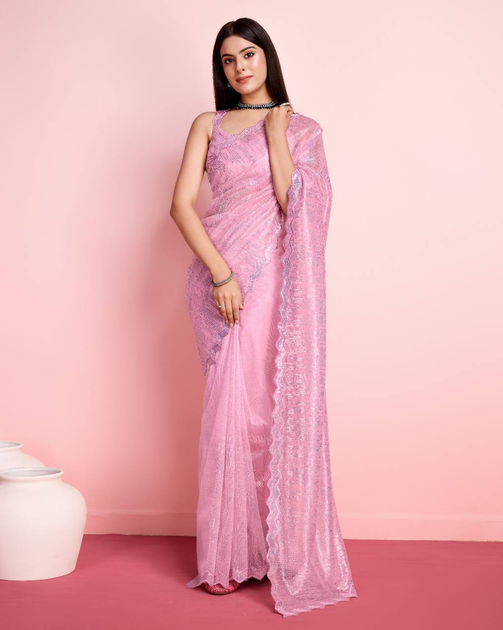 Alluring Silver Twill Net Sequin Baby Pink Saree with Fully Embroidered Blouse Colorful Saree