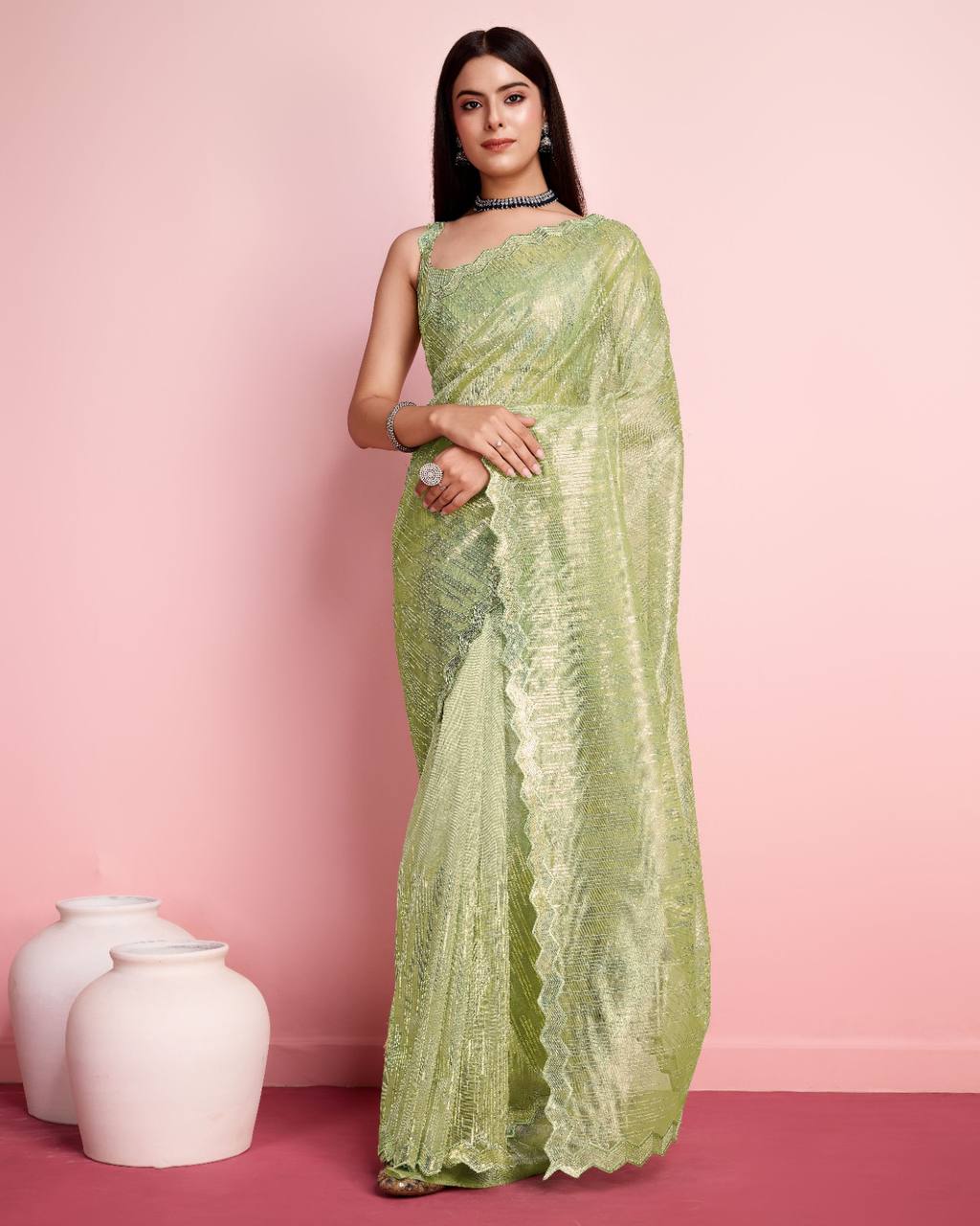 Alluring Silver Twill Net Sequin Green Saree with Fully Embroidered Blouse Colorful Saree