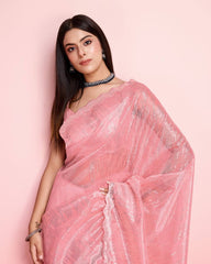 Alluring Silver Twill Net Sequin Pink Saree with Fully Embroidered Blouse Colorful Saree